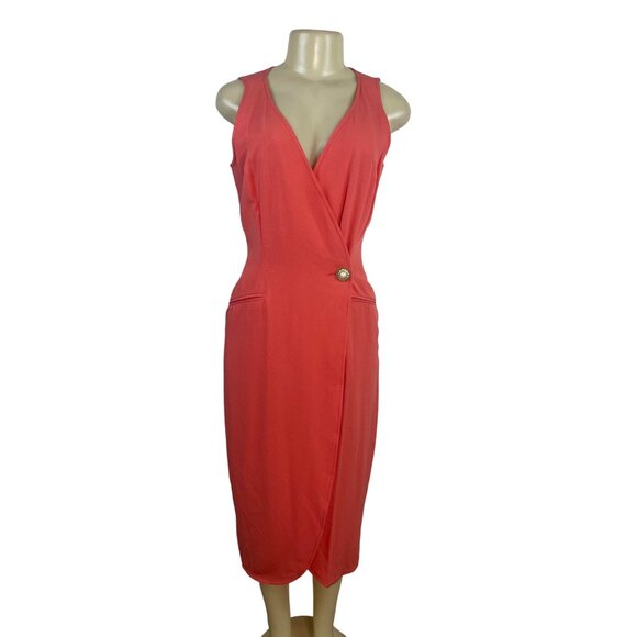 Kenar Women's Orange Sleeveless Wrap Midi Dress With Pearl Button Sz 6 - Picture 1 of 8